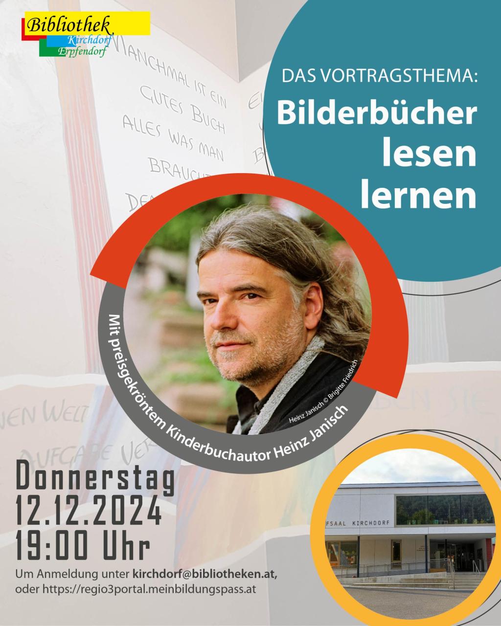 buntes bild mit heinz janisch am 12.12.2024 in Kirchdorf in tirol, bibliothek mitten im ort lesung für eltern